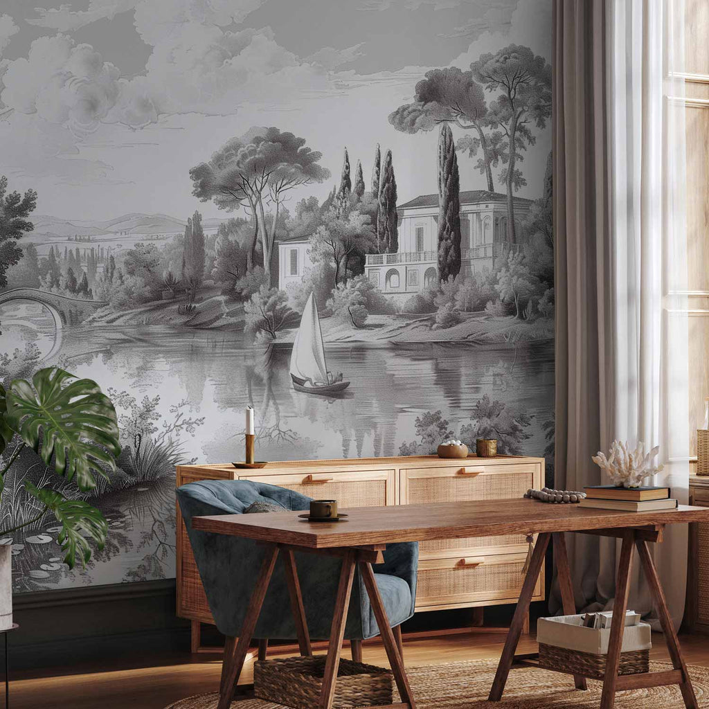 Black and White Vintage Pond Boat Landscape Wall Mural