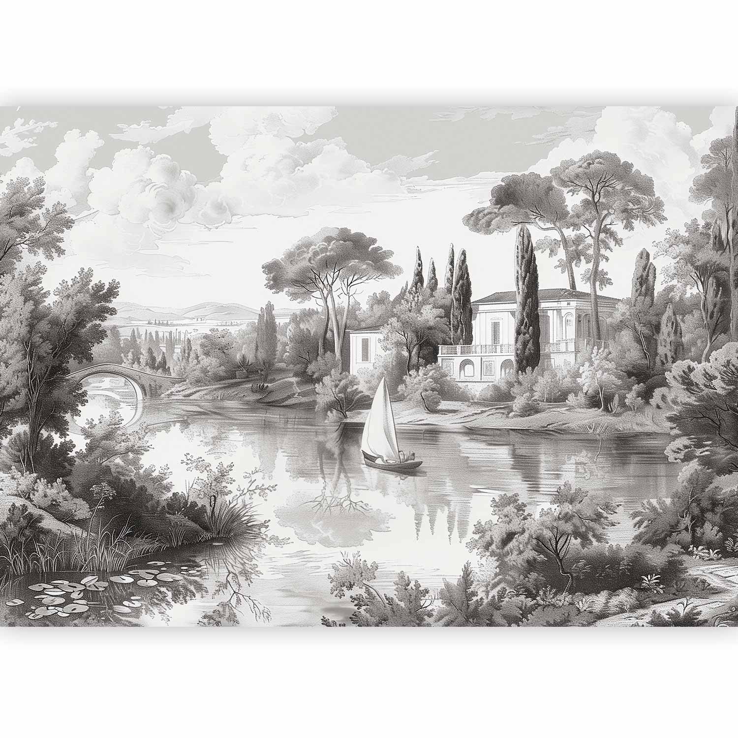 Wall Mural - Vintage Black and White Landscape with Pond and Boat