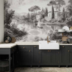 Wall Mural - Vintage Black and White Landscape with Pond and Boat