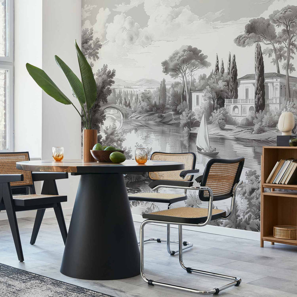 Black and White Vintage Pond Boat Landscape Wall Mural