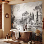 Black and White Vintage Pond Boat Landscape Wall Mural