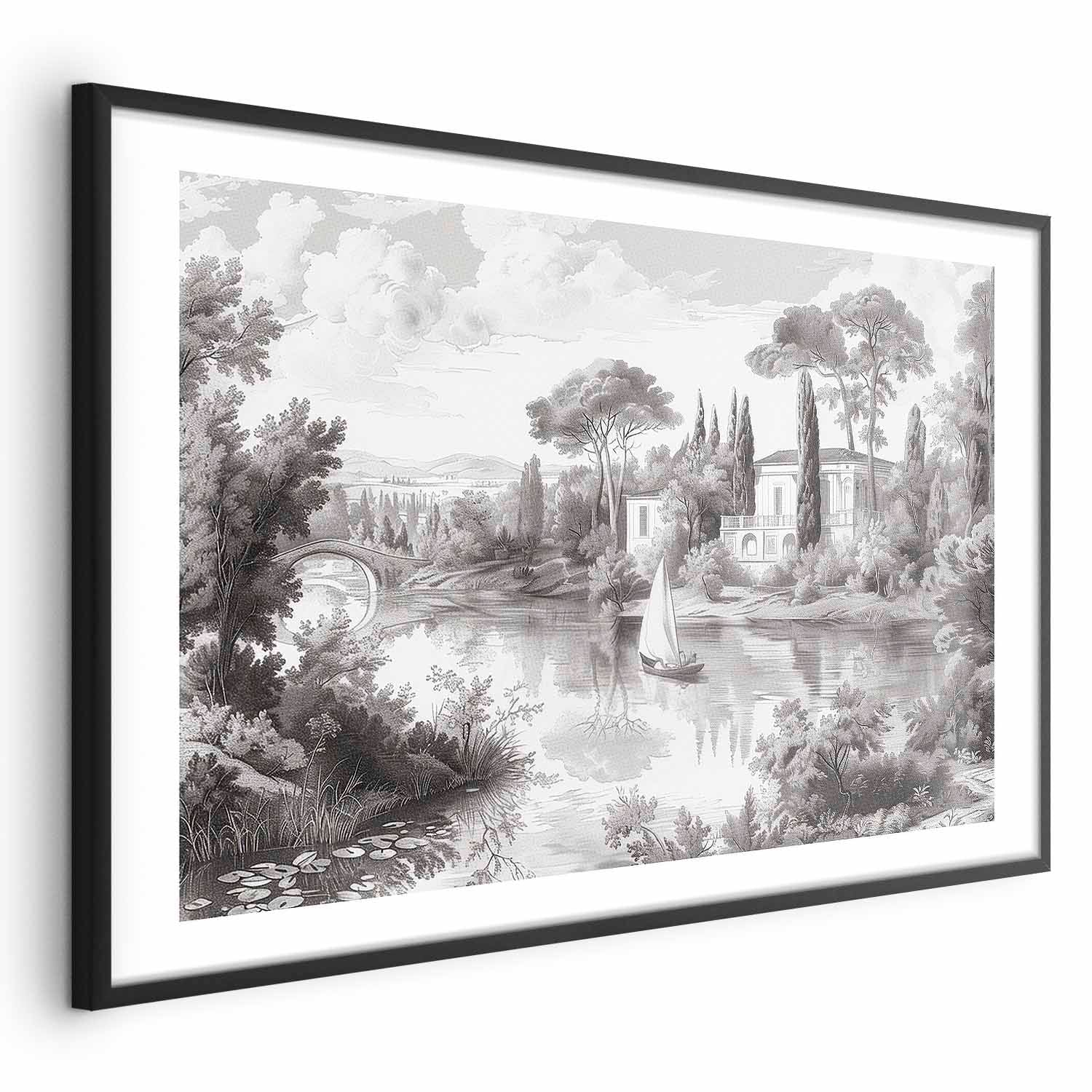 Vintage Black-and-White Pond Landscape Poster