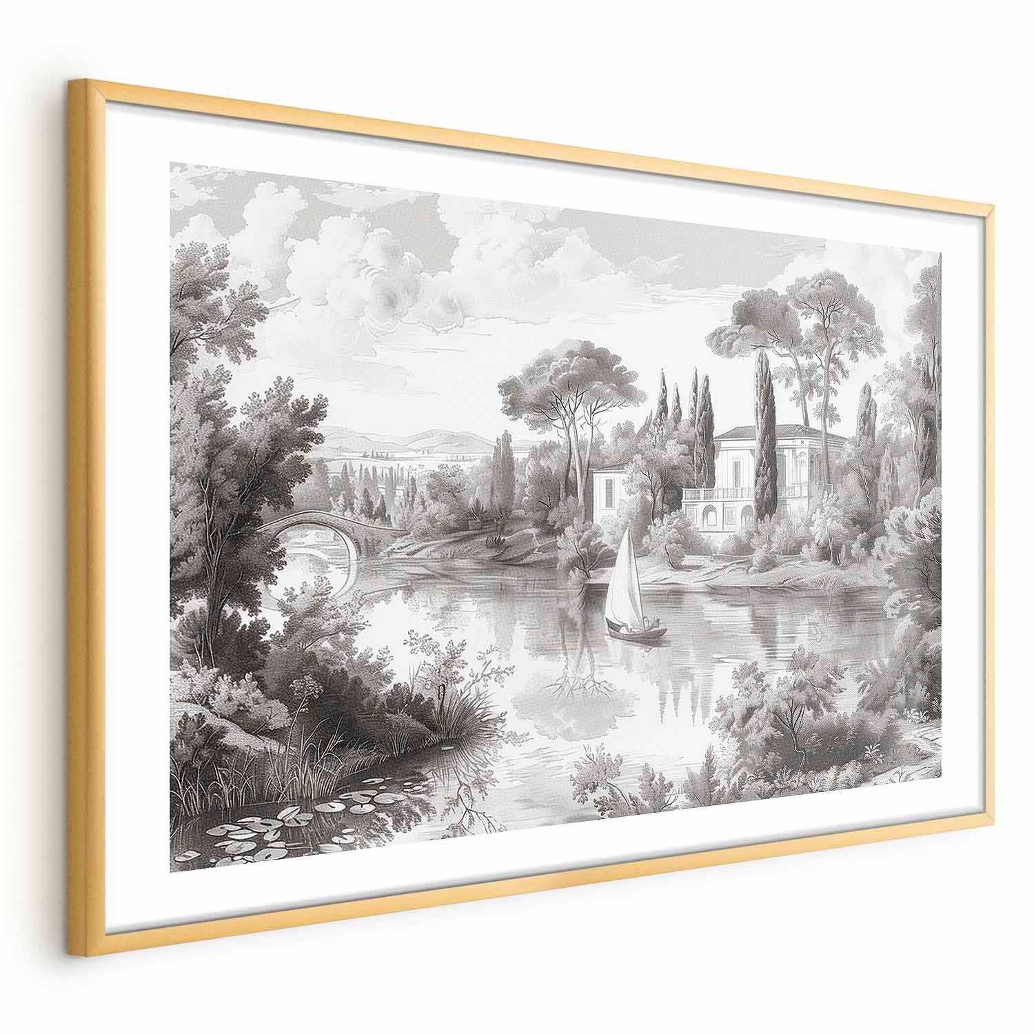 Vintage Black-and-White Pond Landscape Poster