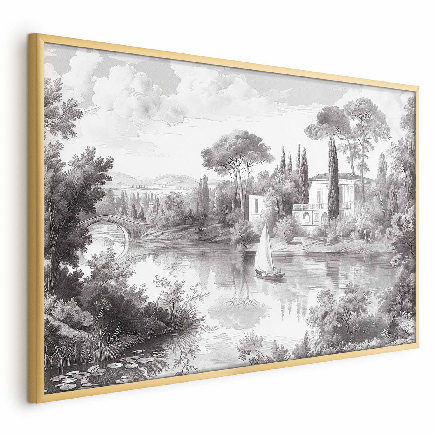 Vintage Black-and-White Pond Landscape Poster