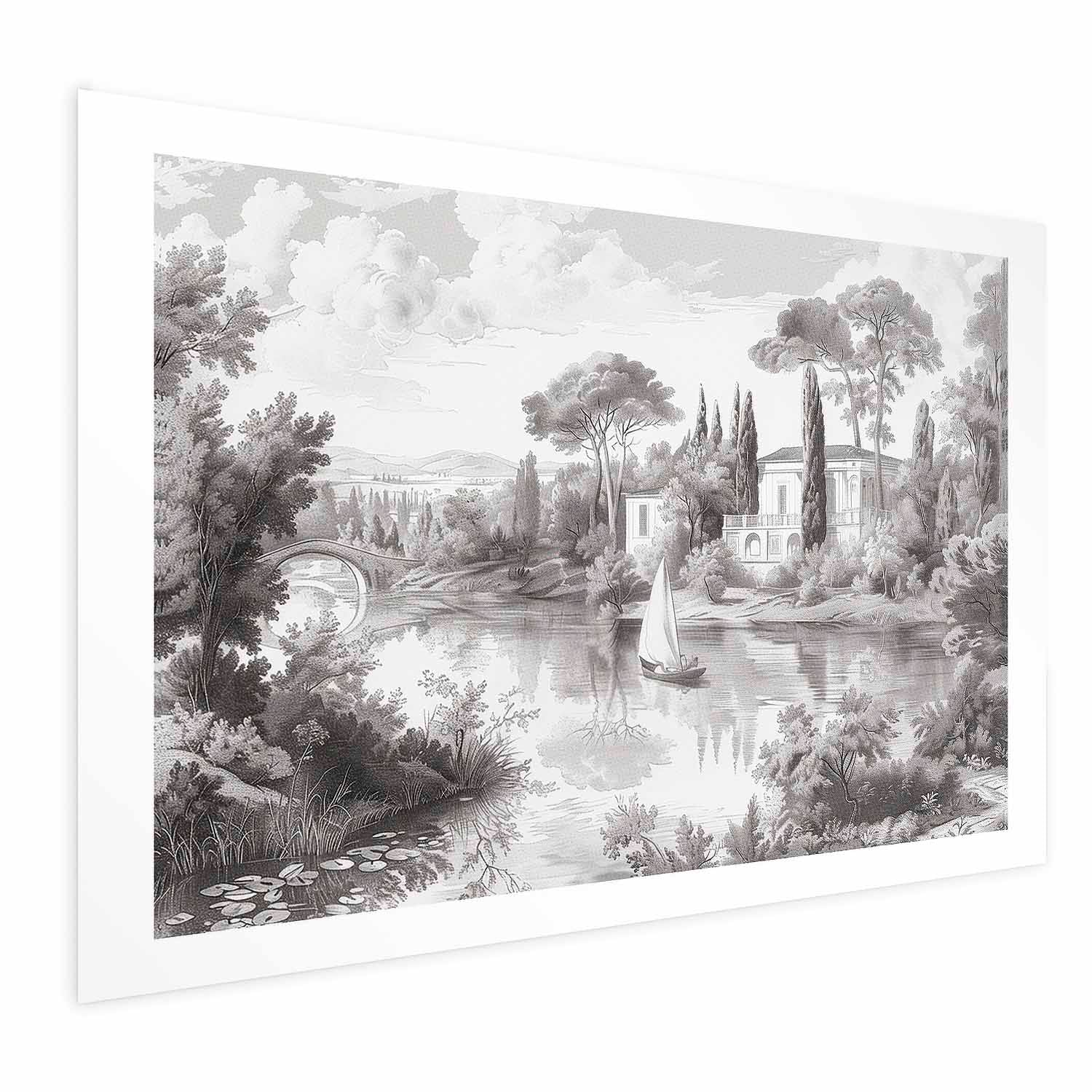 Vintage Black-and-White Pond Landscape Poster