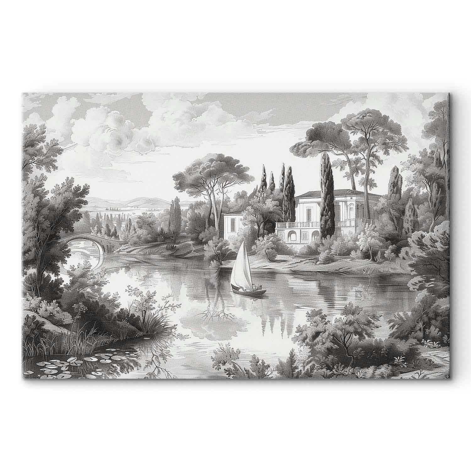 Vintage Pond Boat Black and White Canvas Print