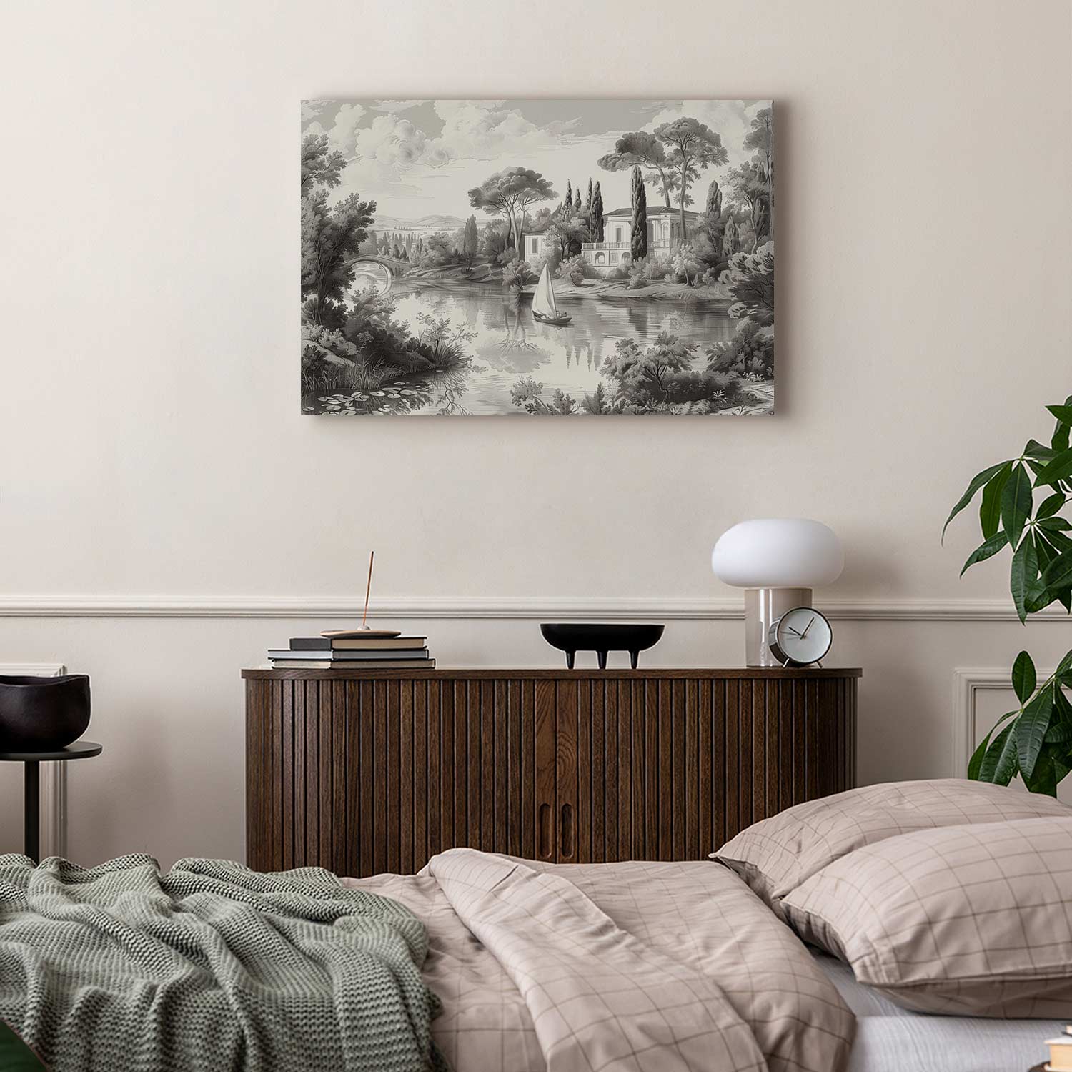 Vintage Pond Boat Black and White Canvas Print