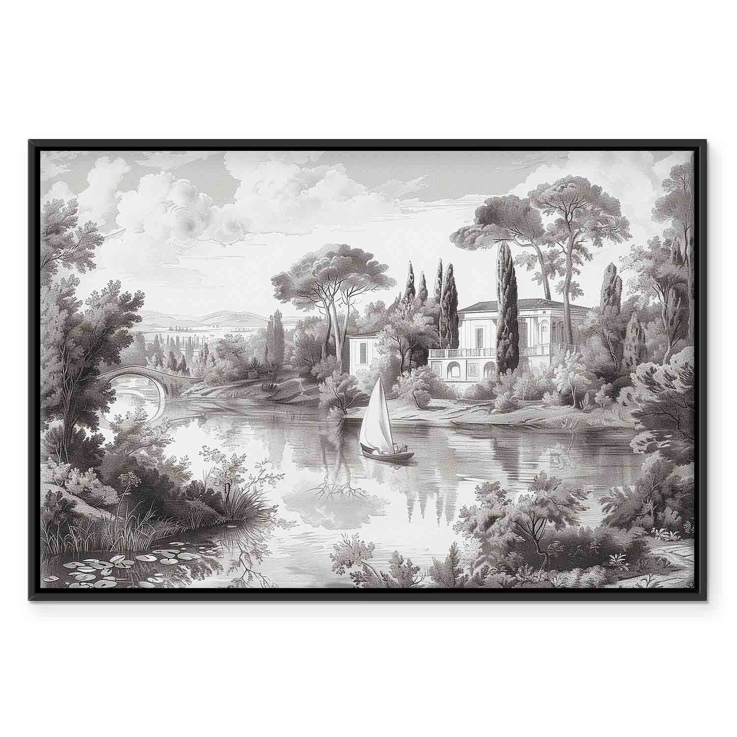 Vintage Pond Boat Black and White Canvas Print