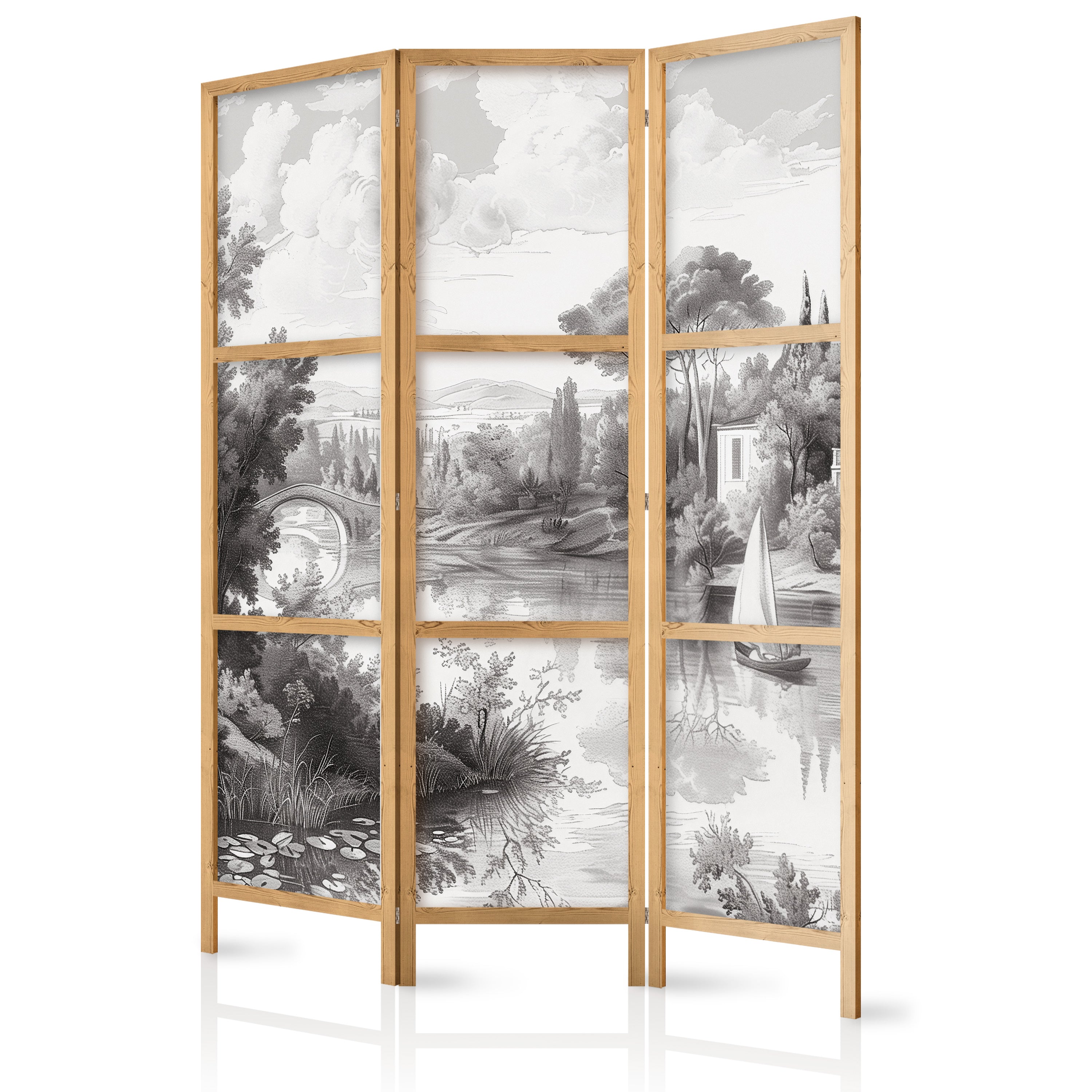 Japanese Room Divider - 3-Panel Landscape in Black & White