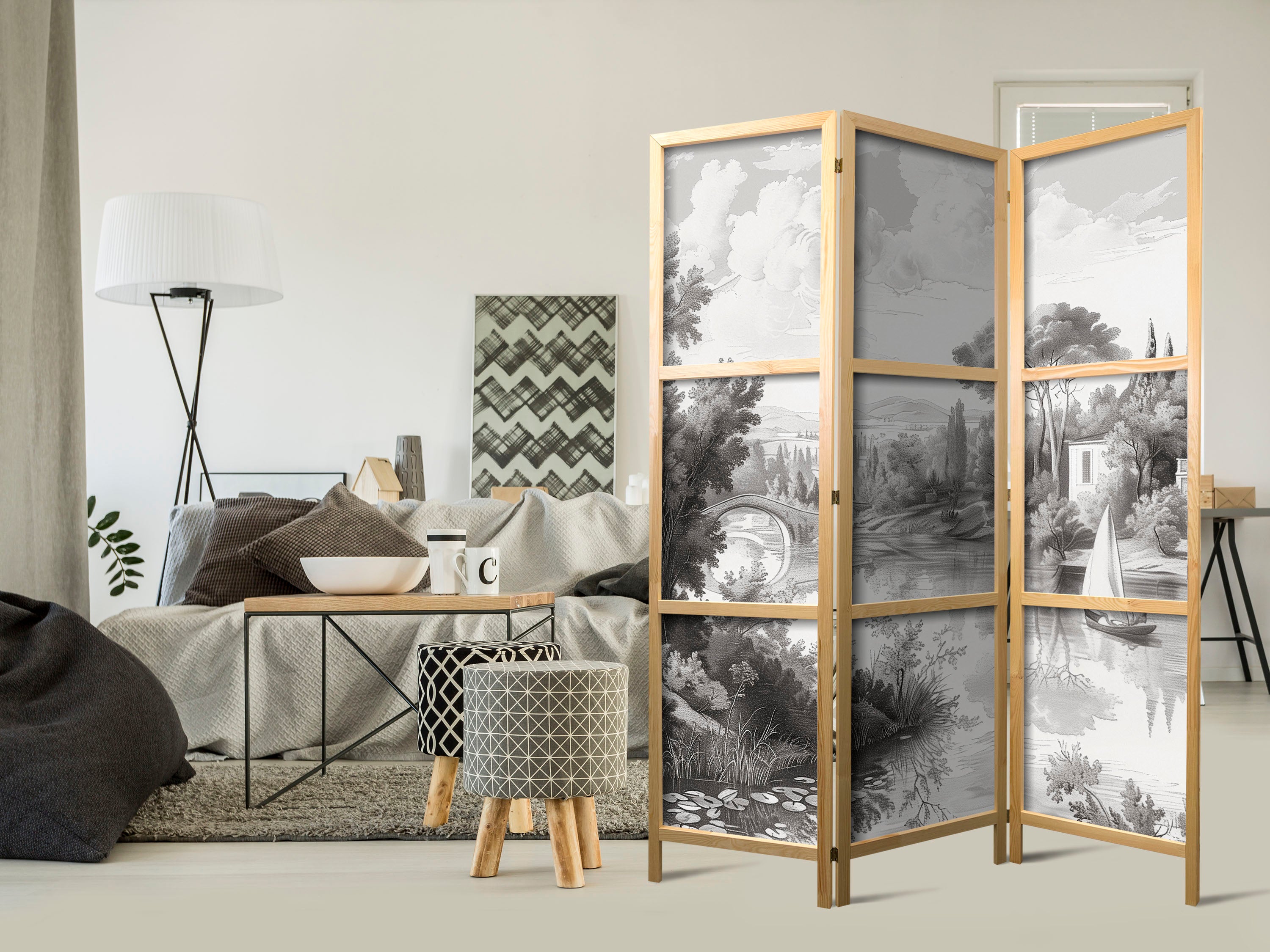 Japanese Room Divider - 3-Panel Landscape in Black & White