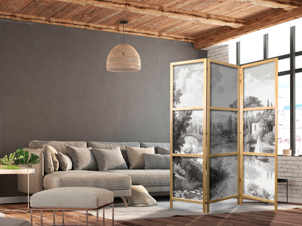 Japanese Room Divider - 3-Panel Landscape in Black & White