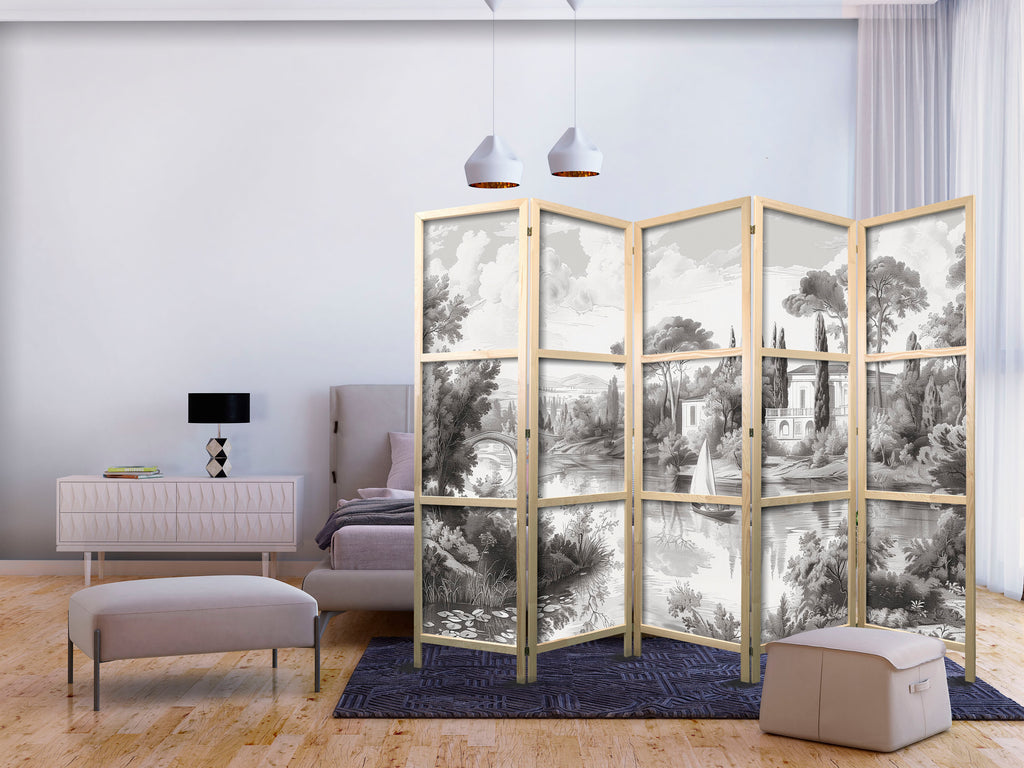 Japanese Room Divider - Vintage Landscape Print for Grey Living Rooms