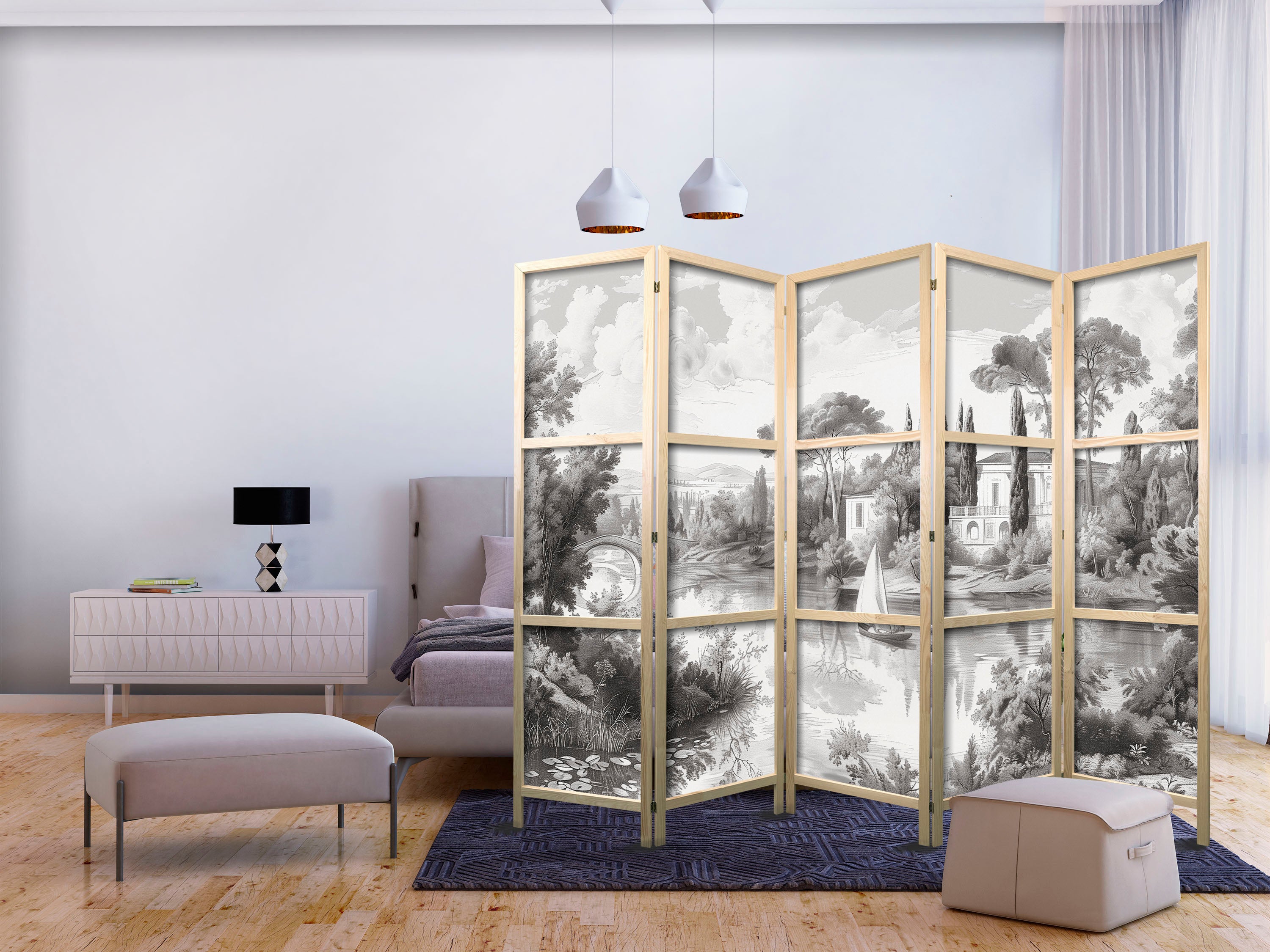 Japanese Room Divider - Vintage Landscape Print for Grey Living Rooms