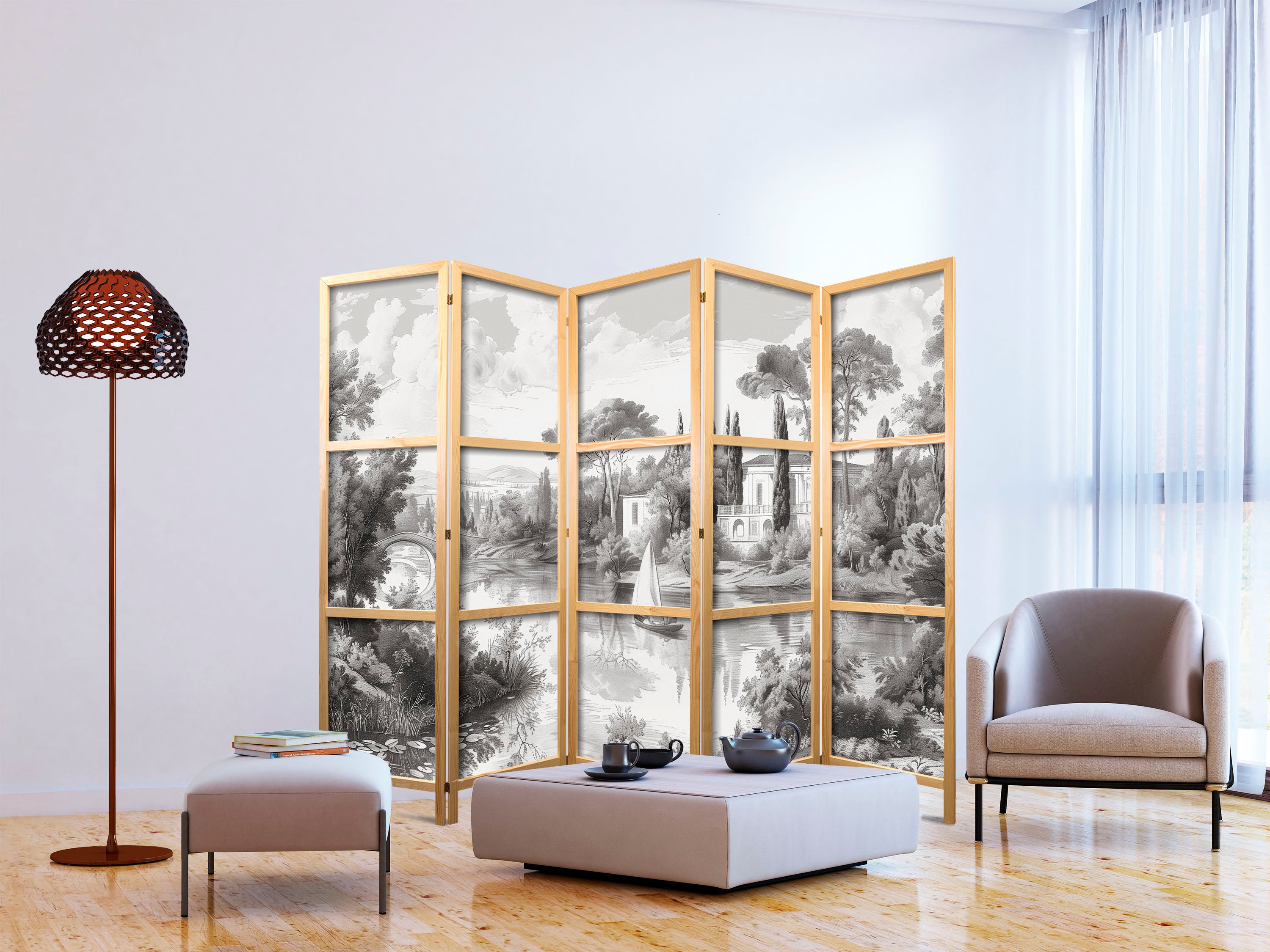 Japanese Room Divider - Vintage Landscape Print for Grey Living Rooms