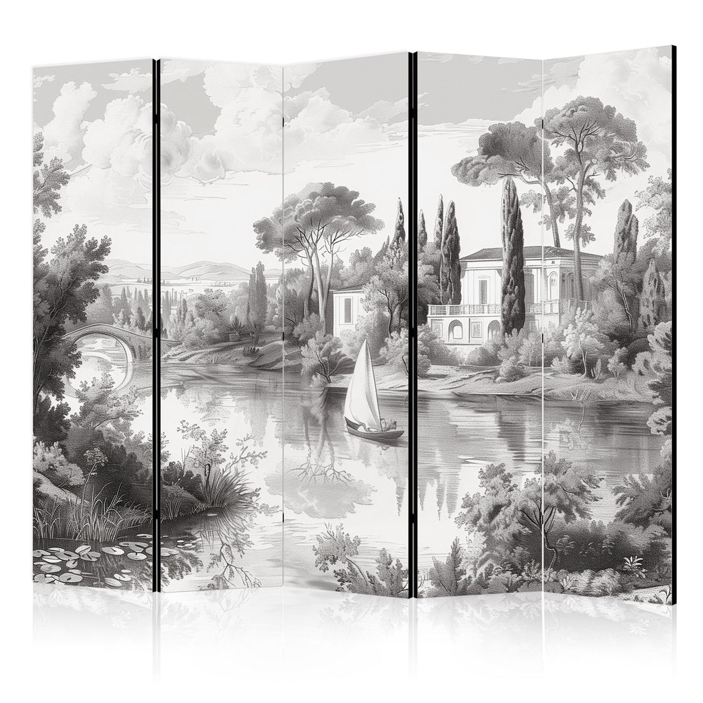 Room Divider - Black and White Vintage Landscape with a Pond and Boat