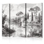 Room Divider - Black and White Vintage Landscape with a Pond and Boat