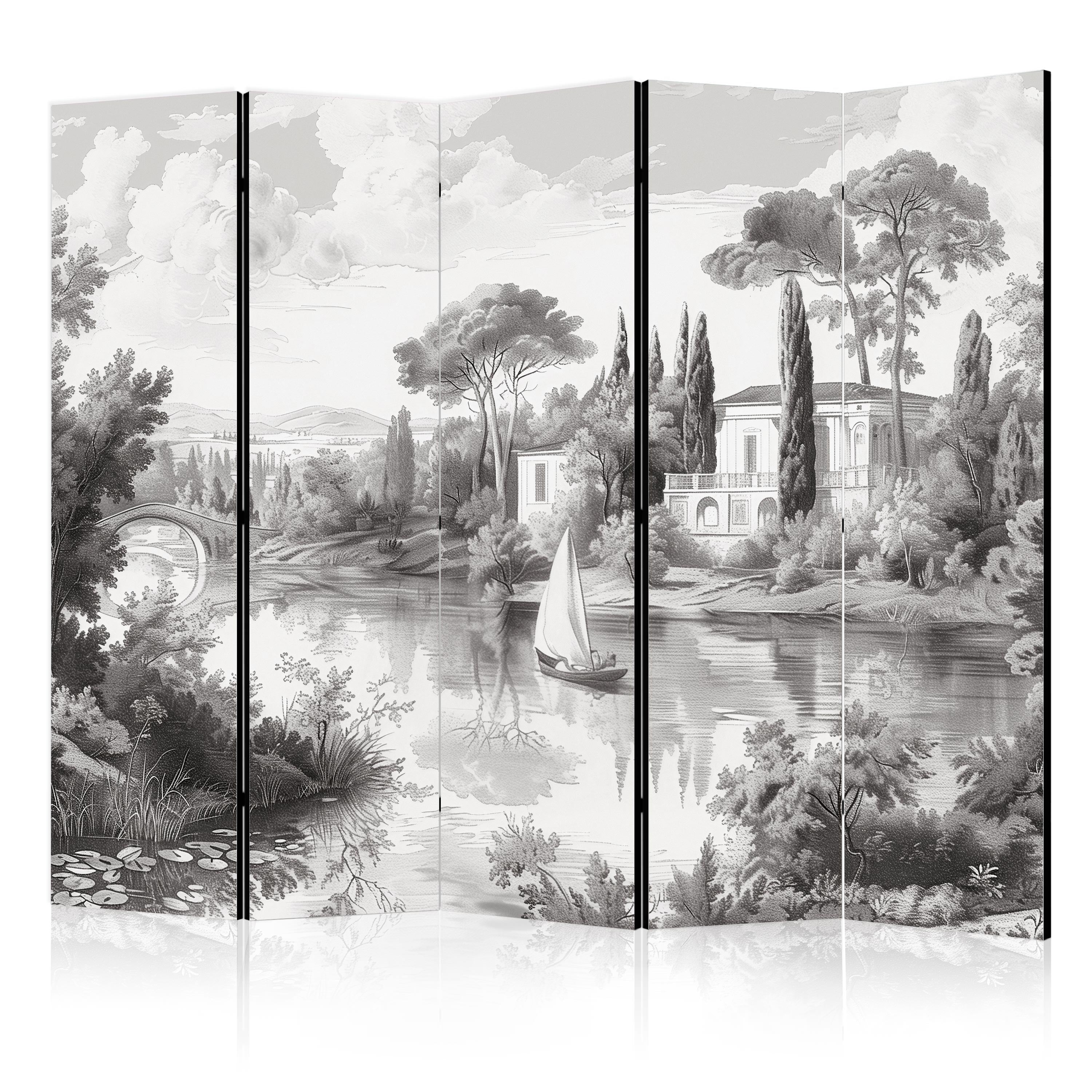 Room Divider - Black and White Vintage Landscape with a Pond and Boat