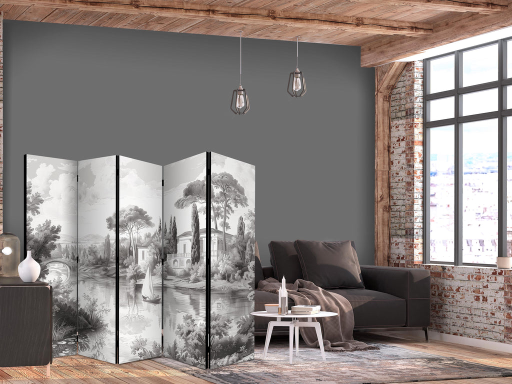Room Divider - Black and White Vintage Landscape with a Pond and Boat