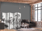Room Divider - Black and White Vintage Landscape with a Pond and Boat