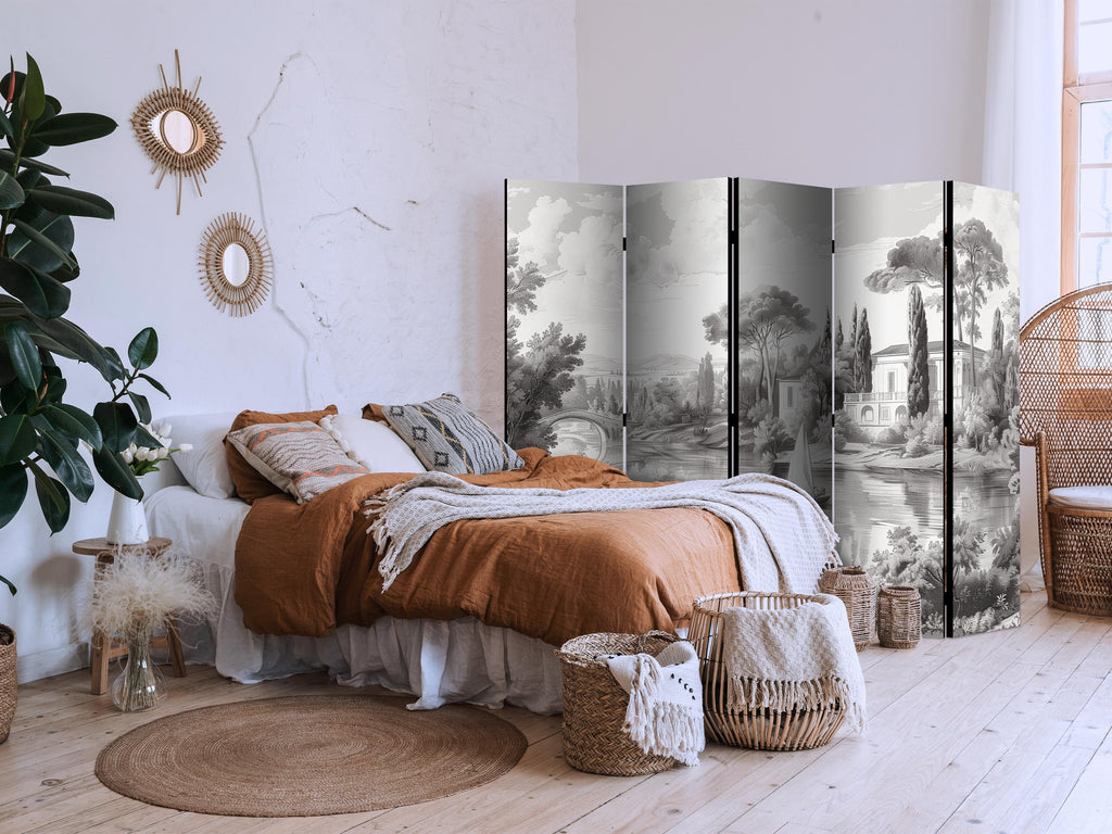 Room Divider - Black and White Vintage Landscape with a Pond and Boat