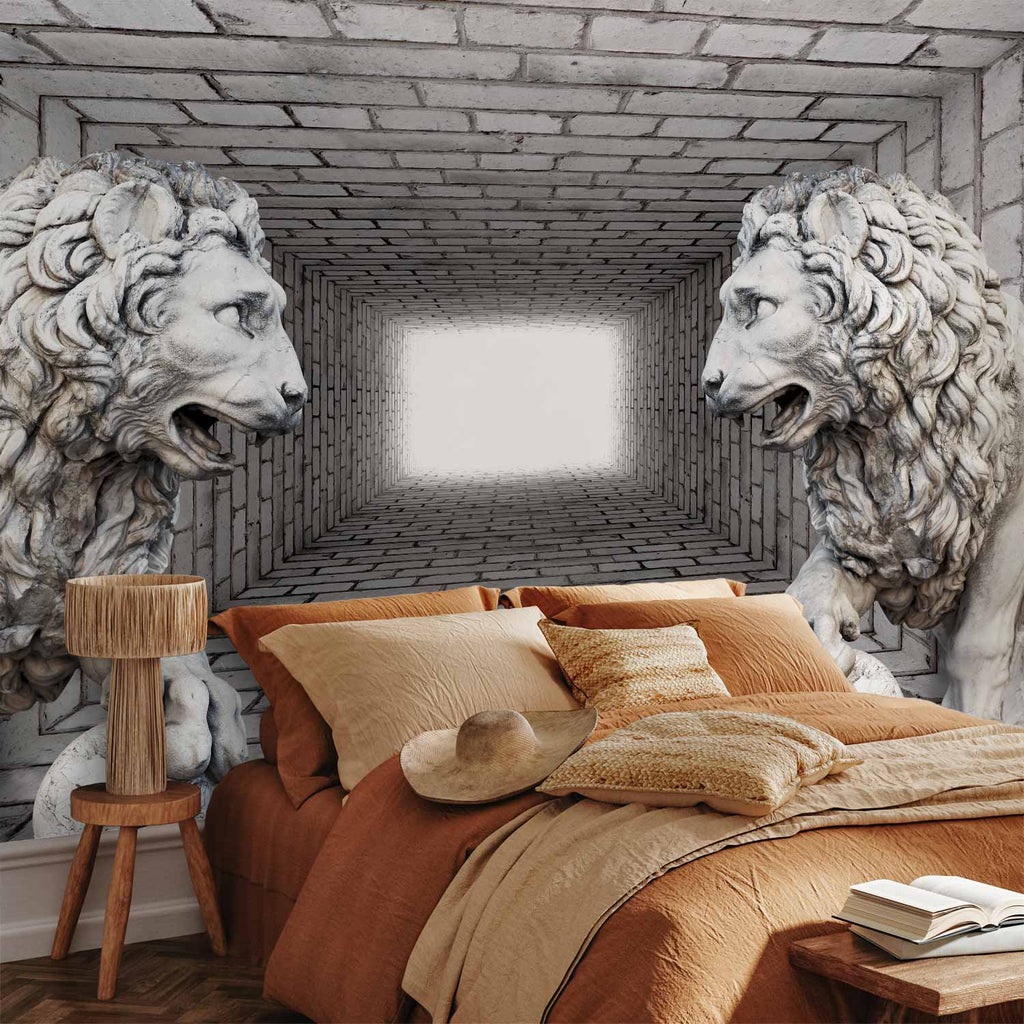3D Stone Lion Corridor Wall Mural