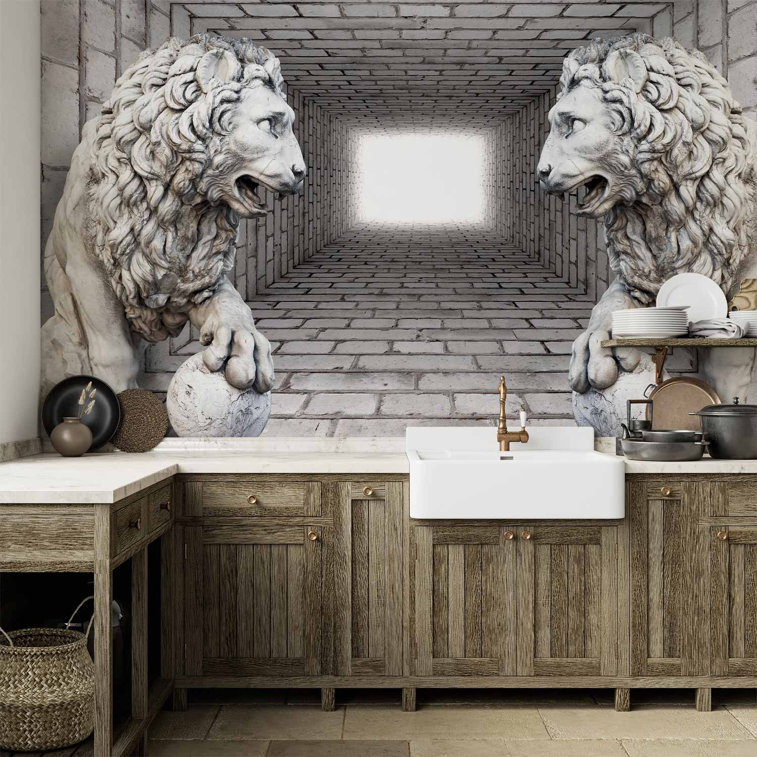 3D Stone Lion Corridor Wall Mural