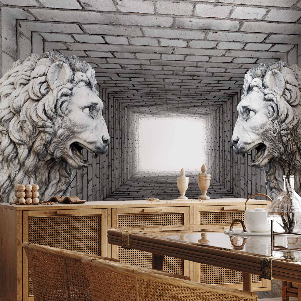 3D Stone Lion Corridor Wall Mural