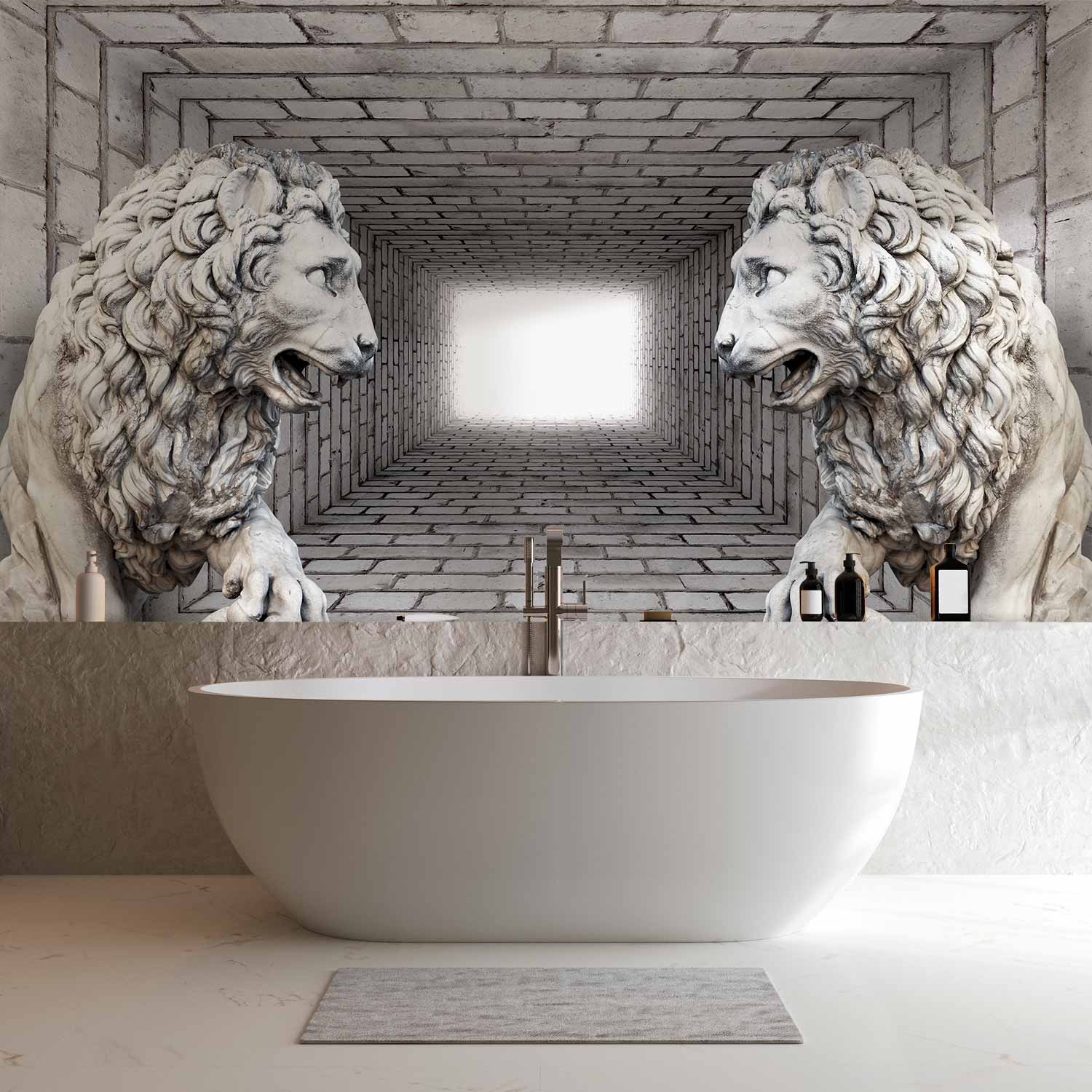 3D Stone Lion Corridor Wall Mural
