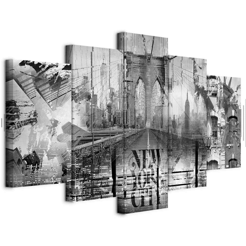 New York City Collage Wide Black and White Canvas Print