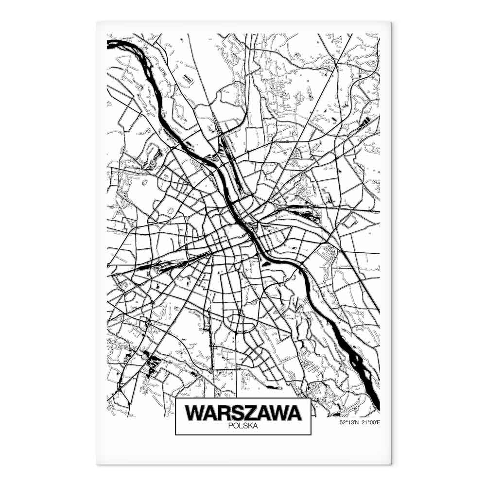 Warszawa City Plan Map Vertical Canvas Print