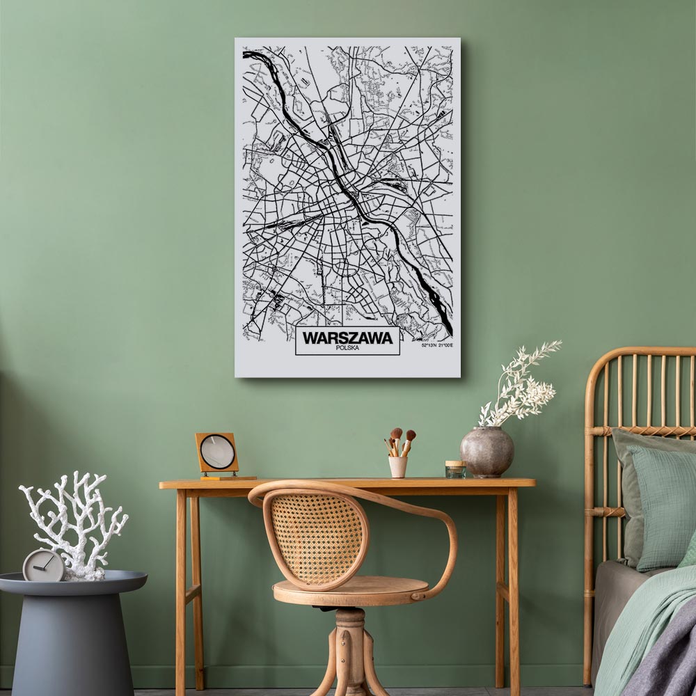 Warszawa City Plan Map Vertical Canvas Print