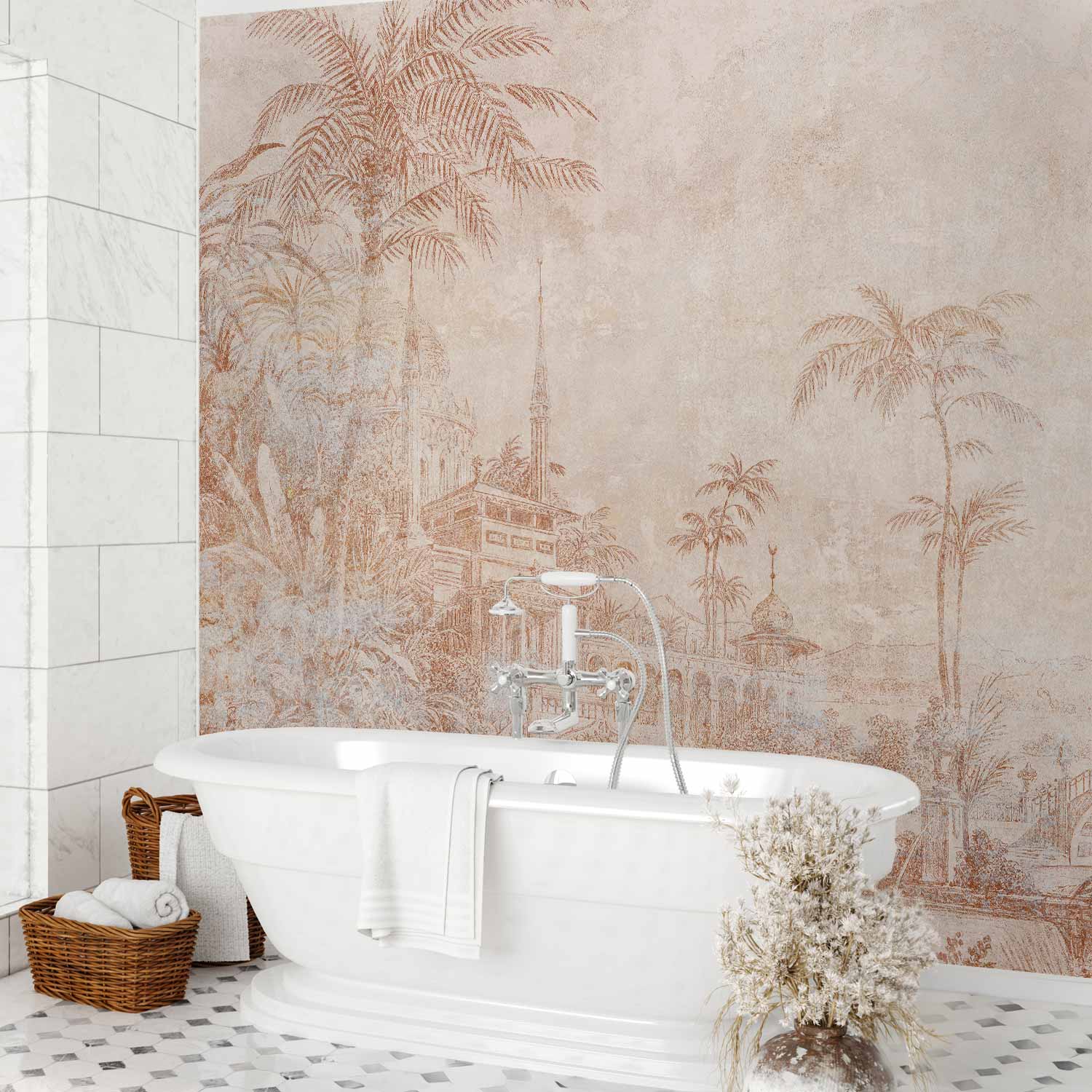 Indian Temple Palm Trees Architectural Wall Mural