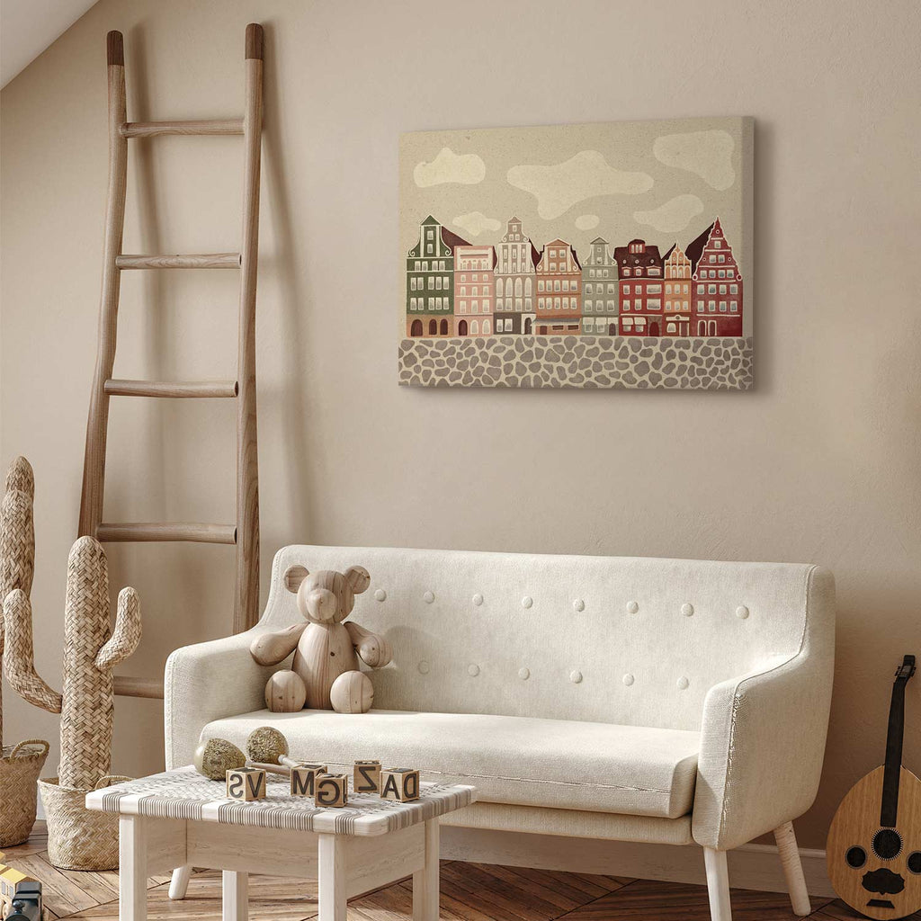 Colorful Illustrated Townhouses City Canvas Print