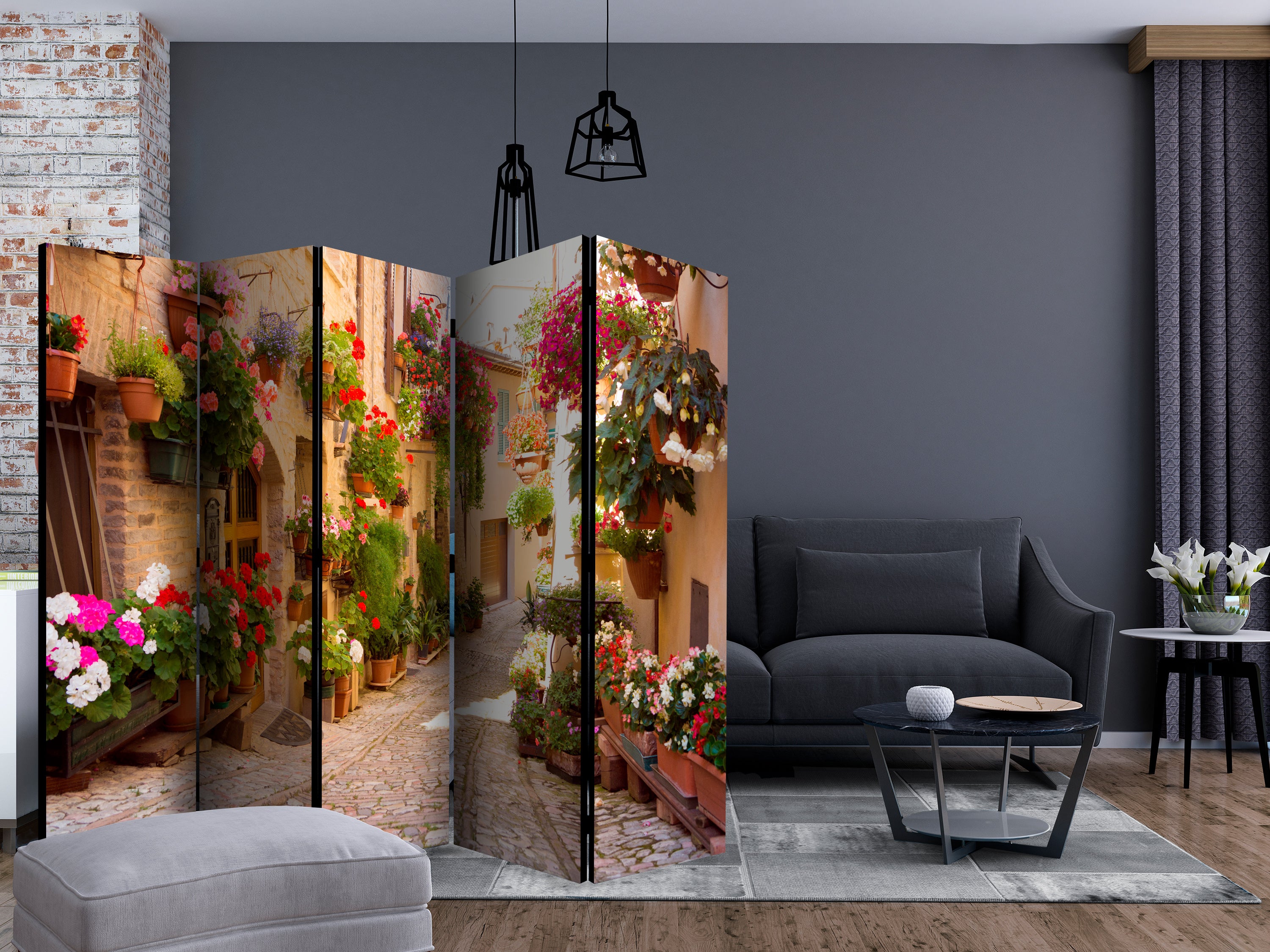 Spello Alley Floral Street 5-Panel Room Divider