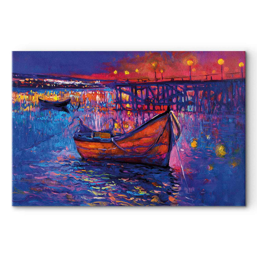 Night Lake Landscape Boat Modern Impressionism Canvas Print