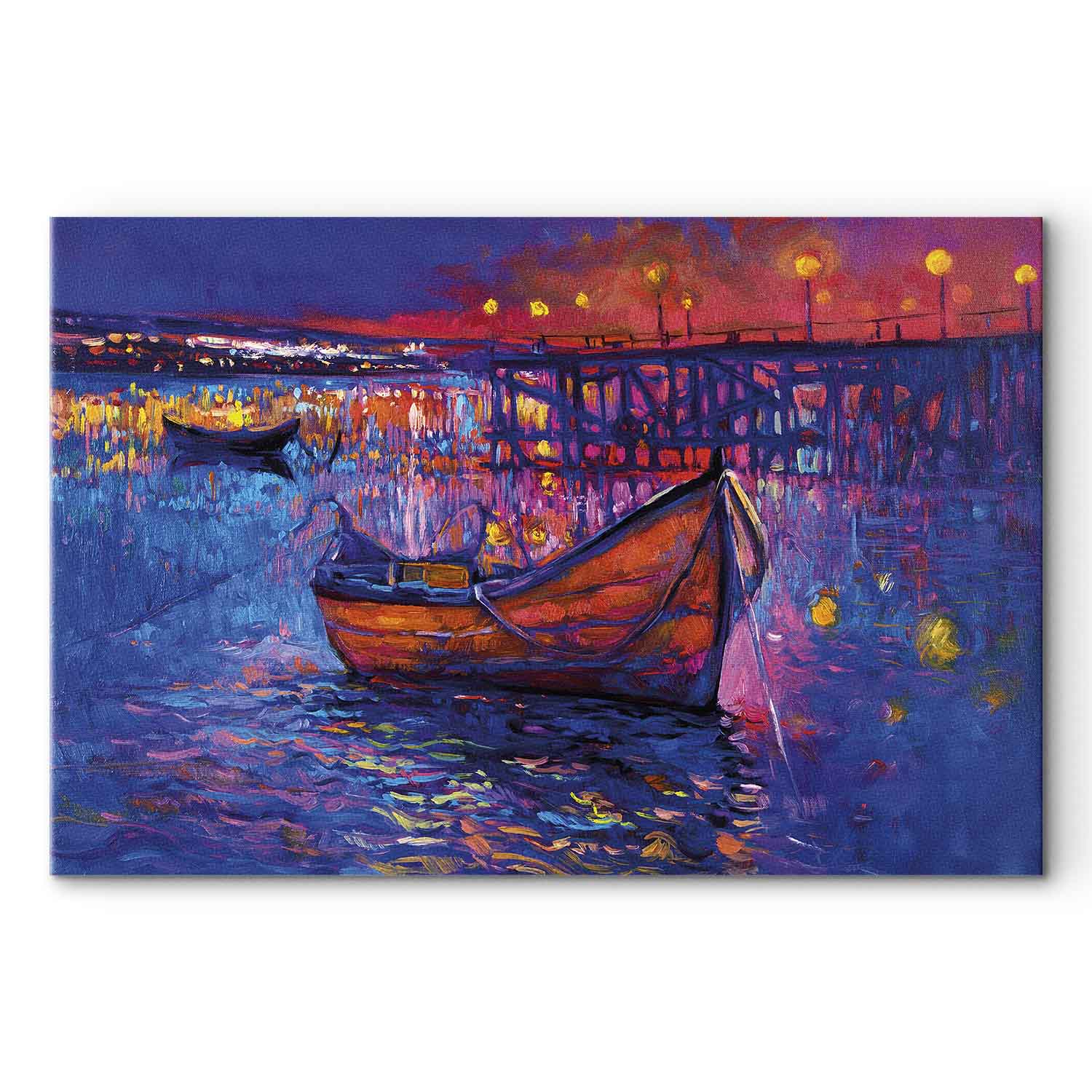 Night Lake Landscape Boat Modern Impressionism Canvas Print