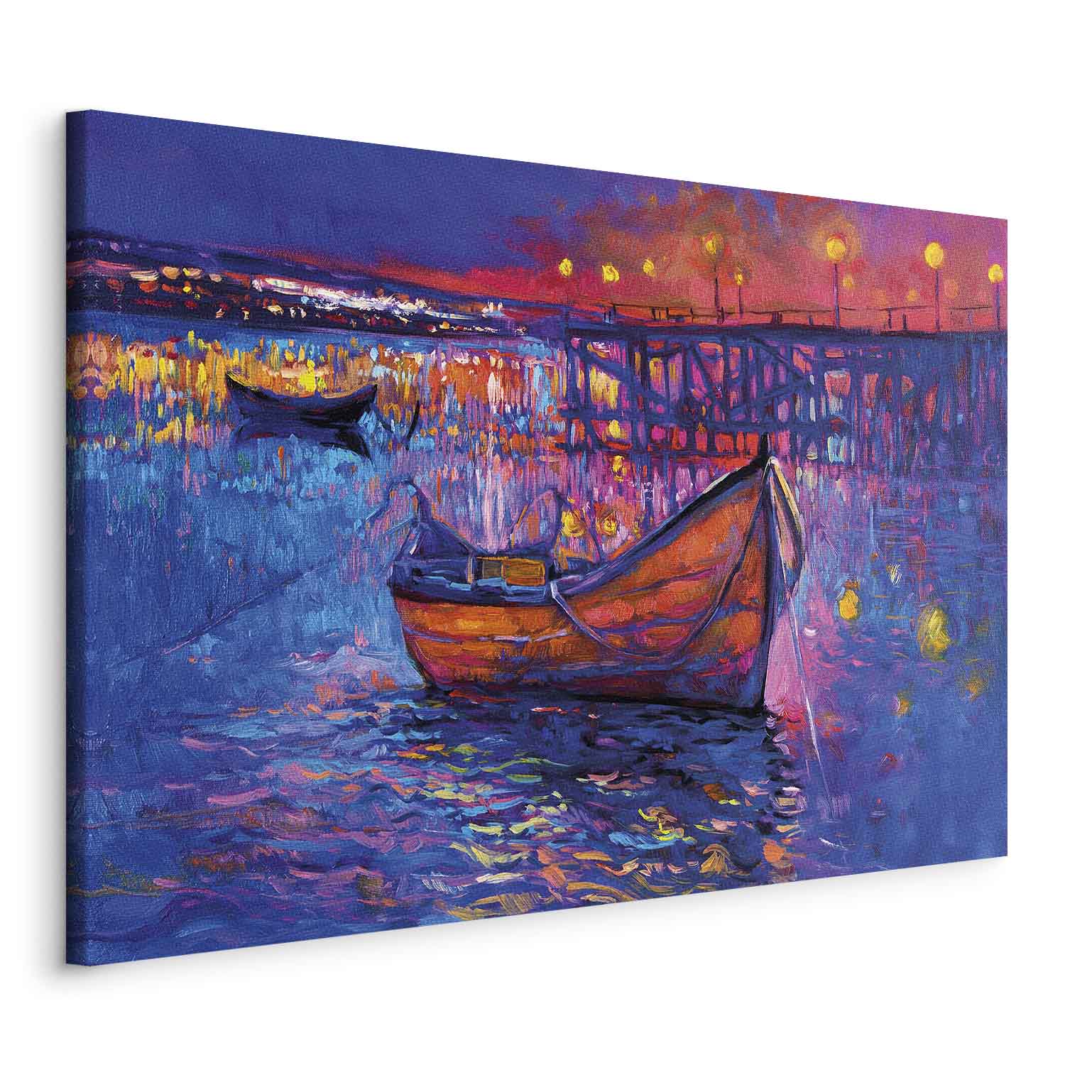 Night Lake Landscape Boat Modern Impressionism Canvas Print