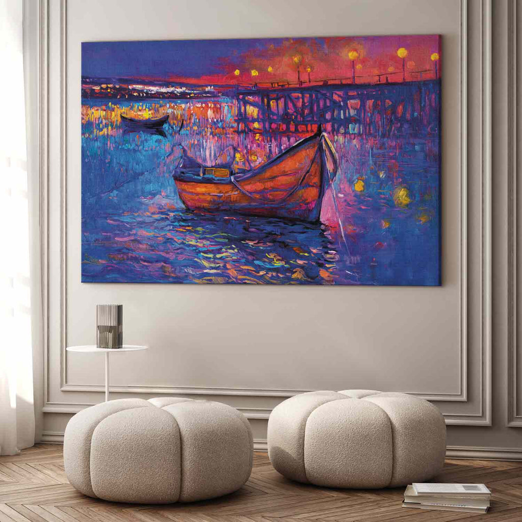 Night Lake Landscape Boat Modern Impressionism Canvas Print