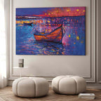 Night Lake Landscape Boat Modern Impressionism Canvas Print