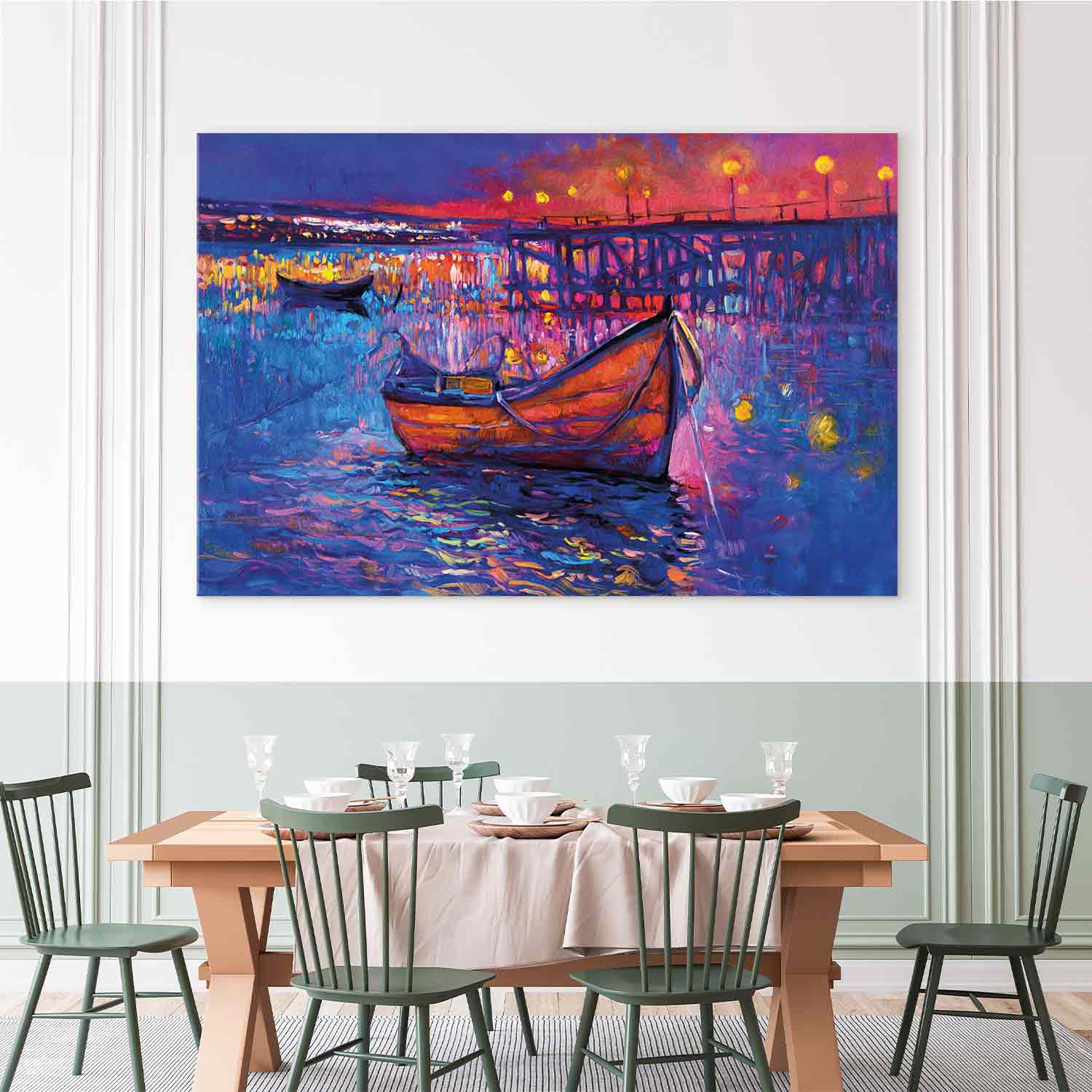 Night Lake Landscape Boat Modern Impressionism Canvas Print