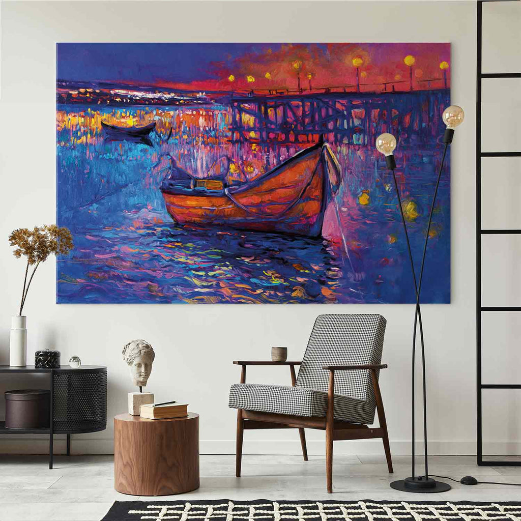 Night Lake Landscape Boat Modern Impressionism Canvas Print