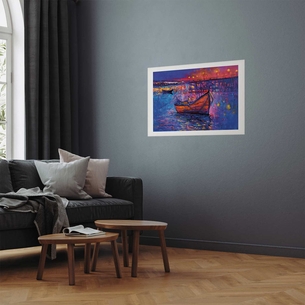 Night Lake Boat Modern Impressionism Poster