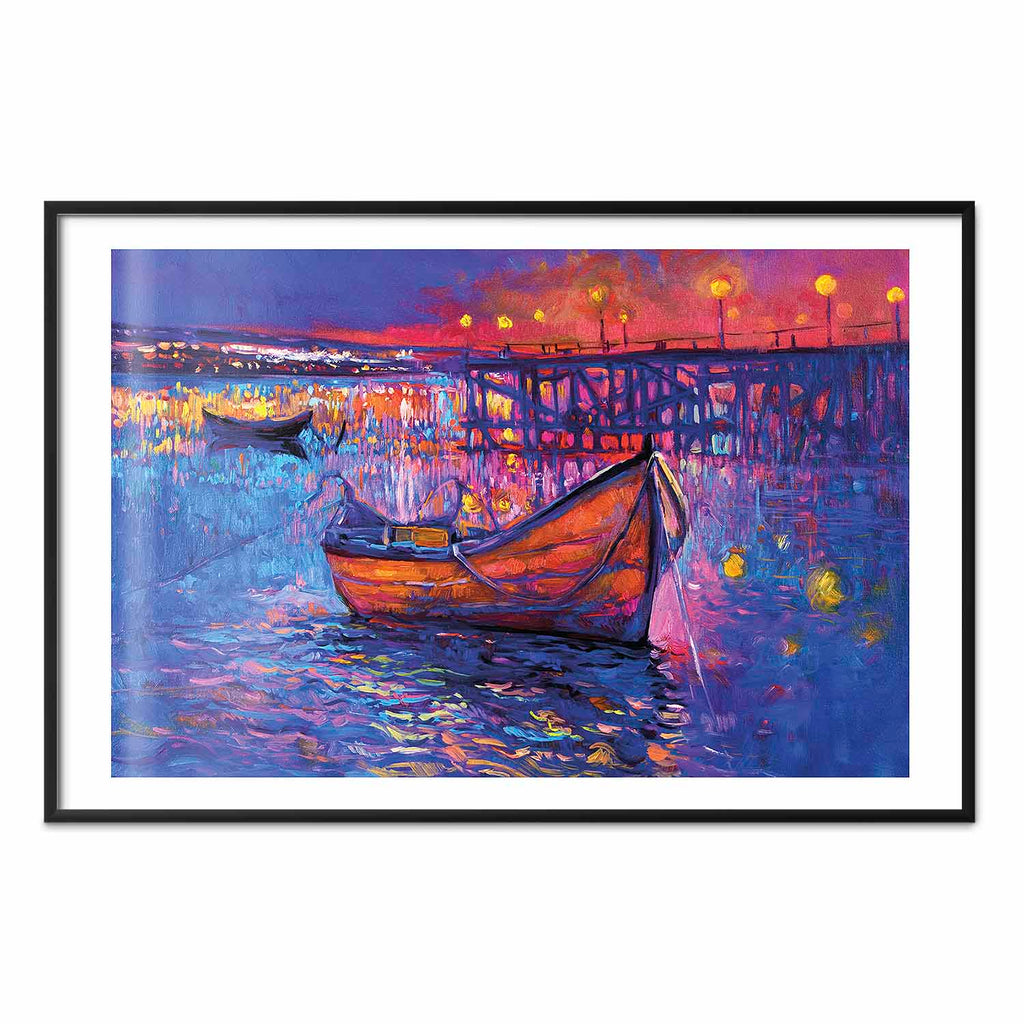 Night Lake Boat Modern Impressionism Poster