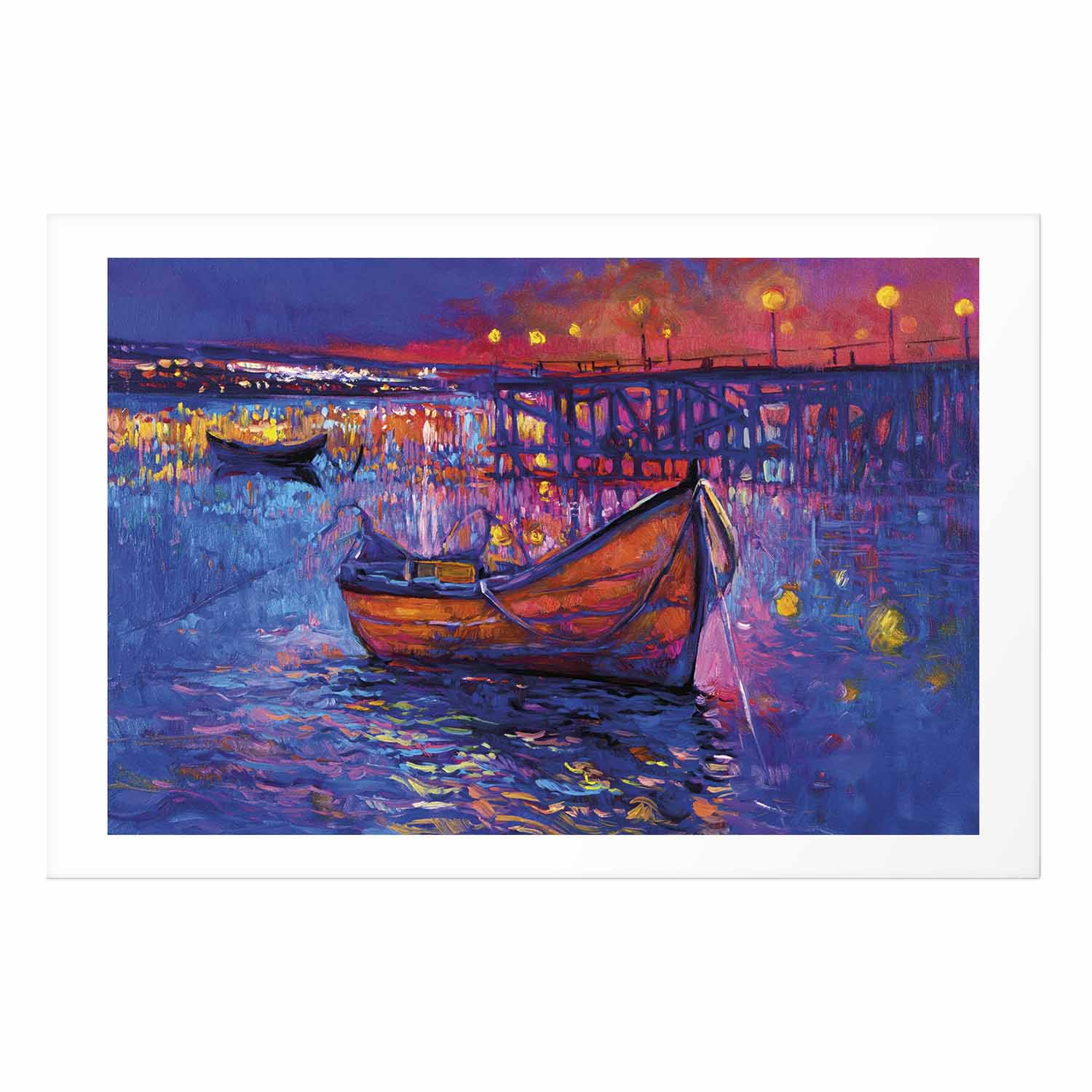 Night Lake Boat Modern Impressionism Poster