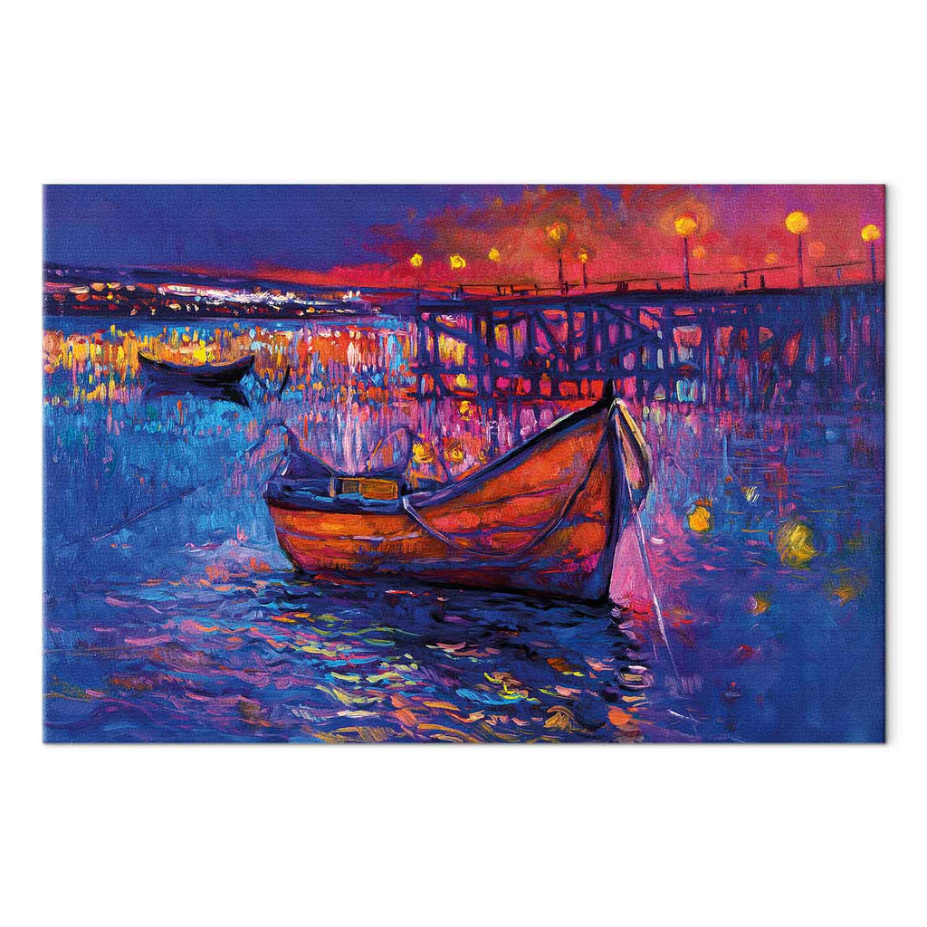 Night Lake Boat Modern Impressionism Canvas Print