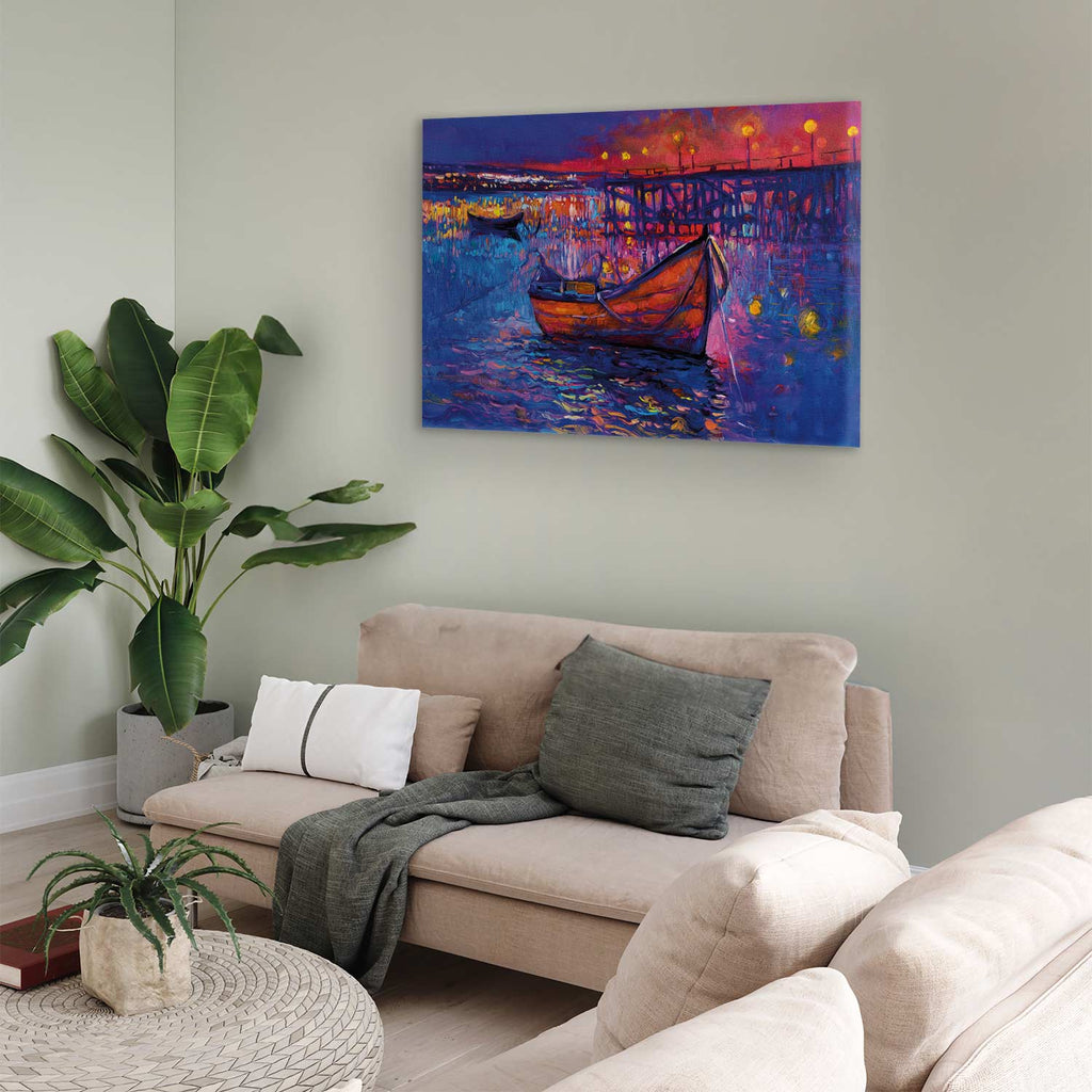 Night Lake Boat Modern Impressionism Canvas Print