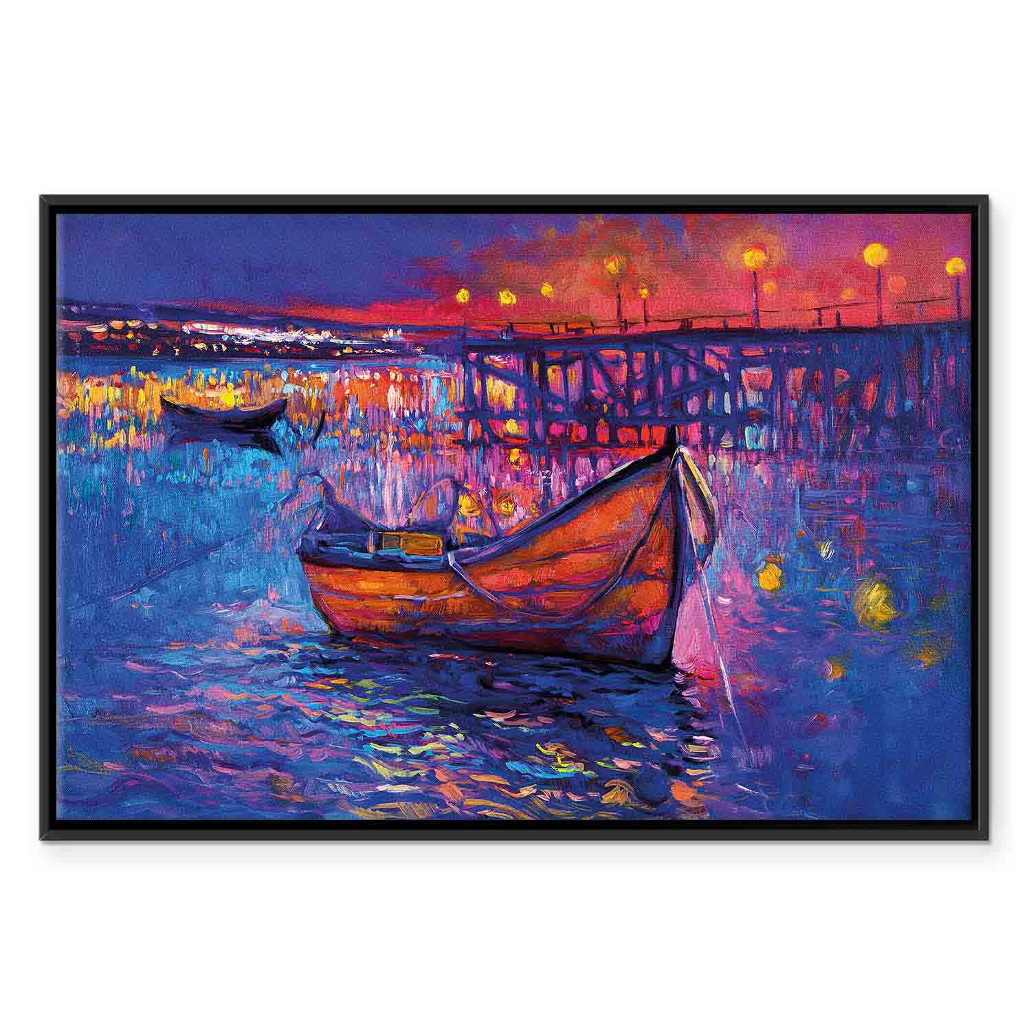 Night Lake Boat Modern Impressionism Canvas Print