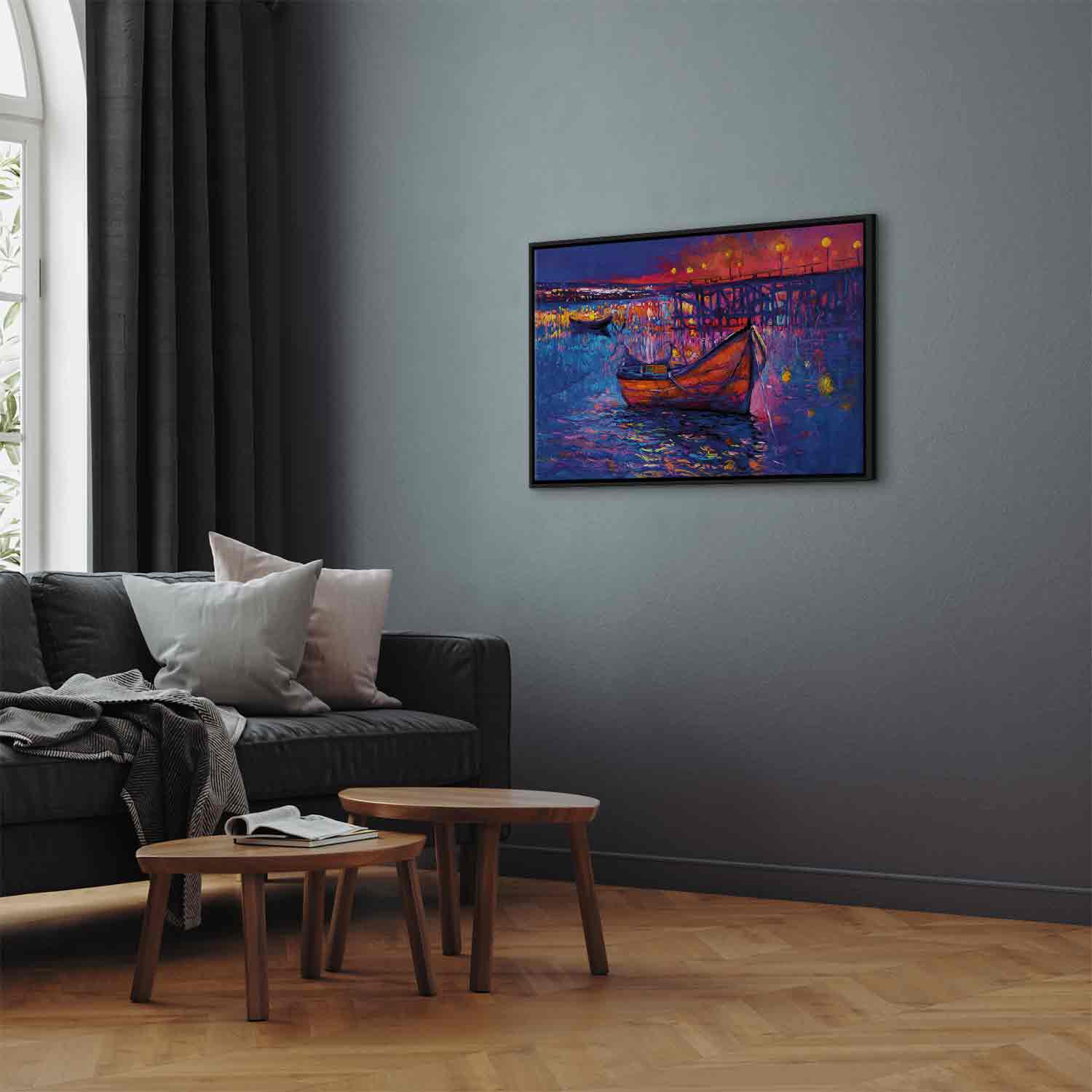 Night Lake Boat Modern Impressionism Canvas Print