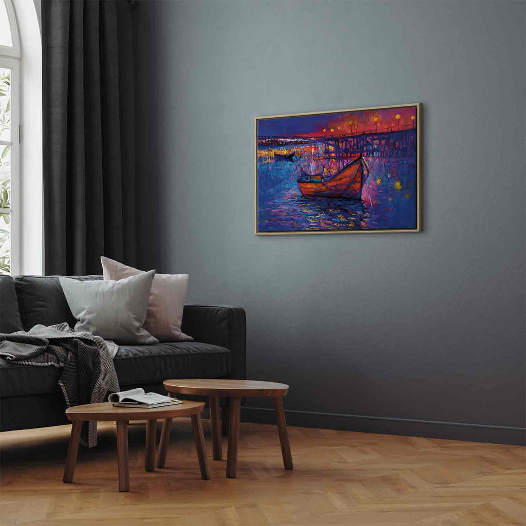 Night Lake Boat Modern Impressionism Canvas Print