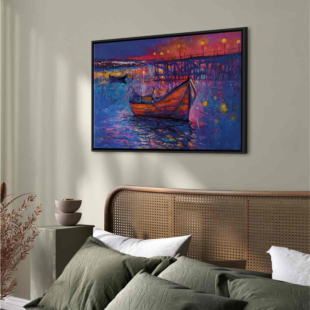 Night Lake Boat Modern Impressionism Canvas Print